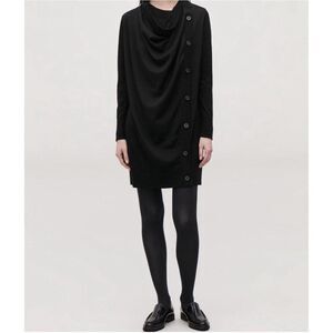 COS 100% wool black draped cowl neck buttoned asymmetric dress